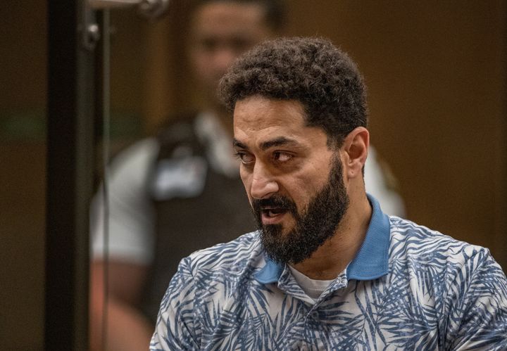 Wasseim Daragmih gives a victim impact statement during the sentencing of mosque gunman Brenton Tarrant at the High Court in Christchurch, New Zealand, August 25, 2020. John Kirk-Anderson/Pool via REUTERS