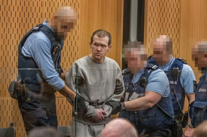 Brenton Tarrant, the gunman who shot and killed worshippers in the Christchurch mosque attacks, is seen during his sentencing at the High Court in Christchurch, New Zealand, August 25, 2020. John Kirk-Anderson/Pool via REUTERS ATTENTION EDITORS - PARTS OF THE IMAGE HAVE BEEN PIXELATED AT SOURCE