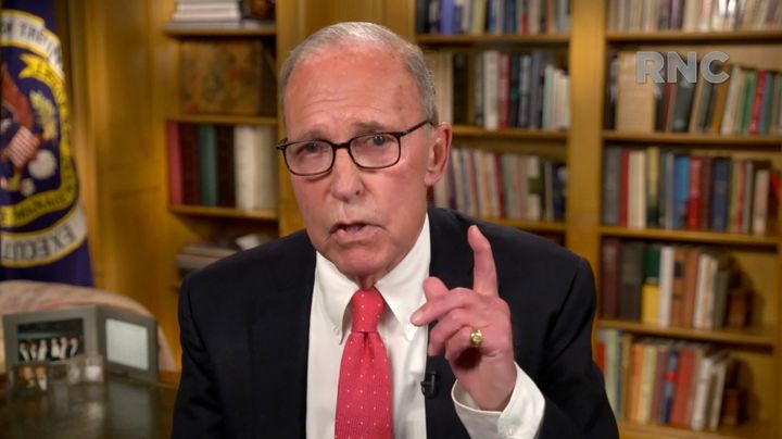White House economic adviser Larry Kudlow addresses the GOP virtual convention on Tuesday. Kudlow, who served in the Reagan administration, is a devotee of trickle-down economics.
