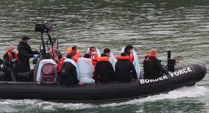 A group of people thought to be migrants are brought into Dover, Kent, onboard a Border Force vessel following a number of small boat incidents in the Channel.