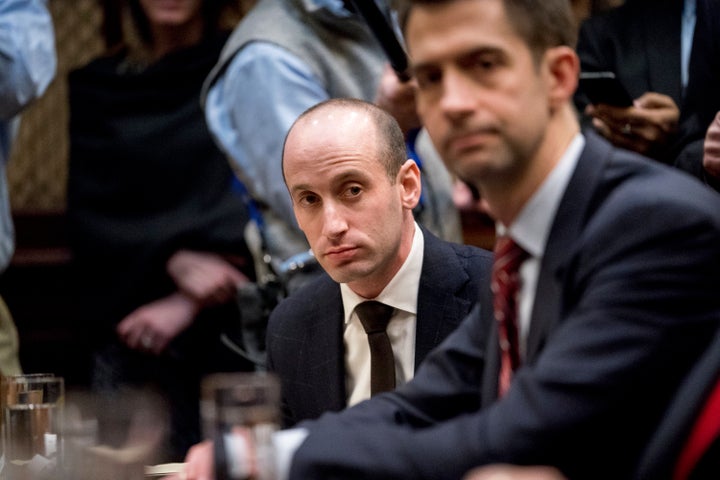 White House senior adviser Stephen Miller and Sen. Tom Cotton (R-Ark.) attend a meeting with President Donald Trump on immigration on Jan. 4, 2018.