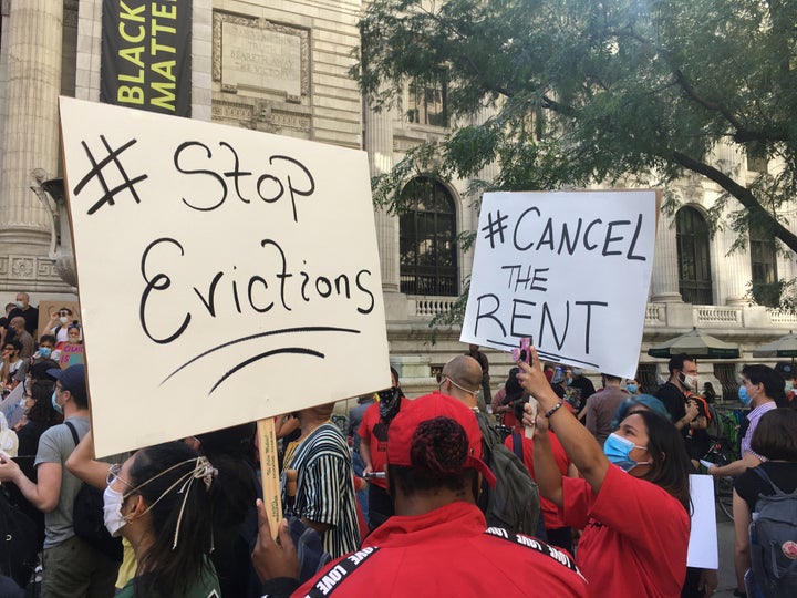 Protesters call for rent relief during the economic slowdown brought on by the coronavirus pandemic on Aug. 20, 2020, in New York City.