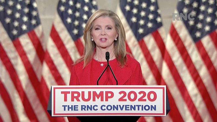 Sen. Marsha Blackburn (R-Tenn.) speaks during the largely virtual 2020 Republican National Convention on Wednesday night. She said during her address that Democrats are trying to "cancel" heroes. 