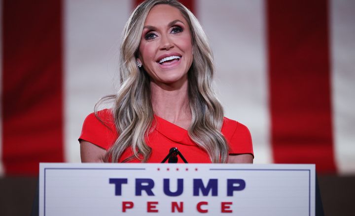 Lara Trump, daughter-in-law and campaign adviser for President Donald Trump, pre-records her address Wednesday to the Republican National Convention from Mellon Auditorium in Washington, D.C.