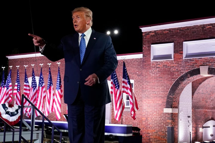 President Donald Trump takes the stage after Vice President Mike Pence spoke Wednesday on the third night of the Republican National Convention at Fort McHenry National Monument in Baltimore.