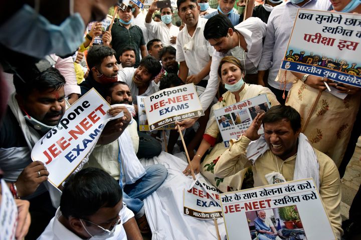 India Youth Congress activists protest as they demand the postponement of NEET and JEE entrance exam, outside Education Ministry on August 26, 2020 in New Delhi.