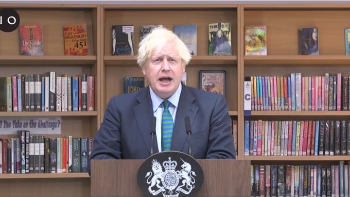 Boris Johnson addressing Year 7 students during his visit to Castle Rock School in Leicestershire on Wednesday.