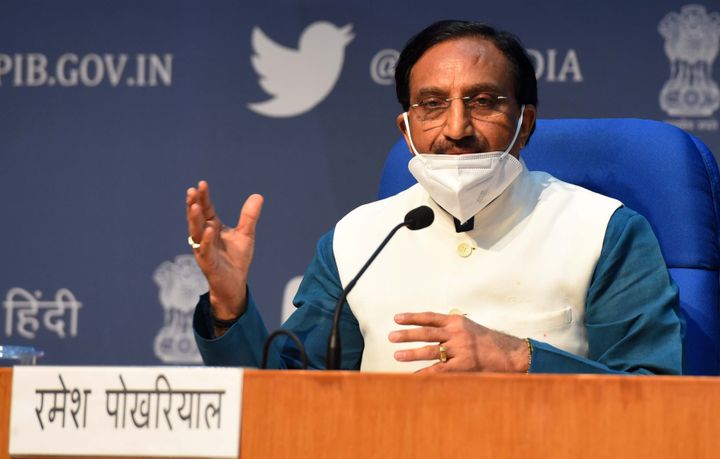 Union Cabinet Minister Ramesh Pokhriyal addresses media during a press conference on the New Education Policy 2020 on July 29, 2020.