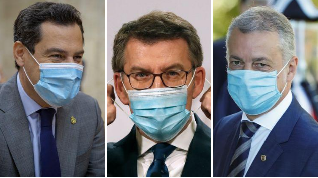 El presidente de la Junta de Andalucía, Juanma Moreno, el presidente de la Xunta de Galicia, Alberto Núñez Feijóo, y el lehendakari vasco, Iñigo Urkullu.