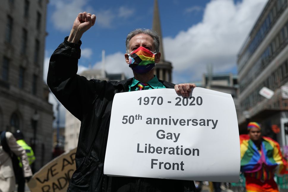 Peter Tatchell leading a march through London to mark the London Gay Liberation Front's 50th anniversary