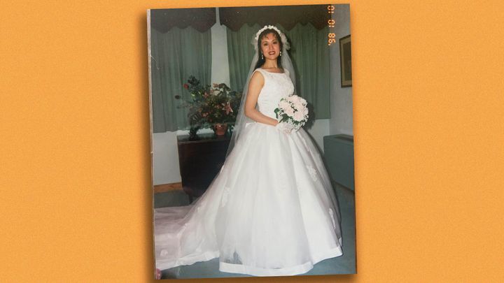 Angela in her wedding dress.
