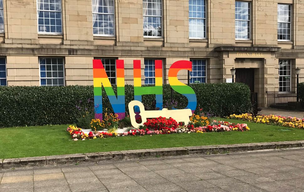 An NHS display outside Bury Town Hall.
