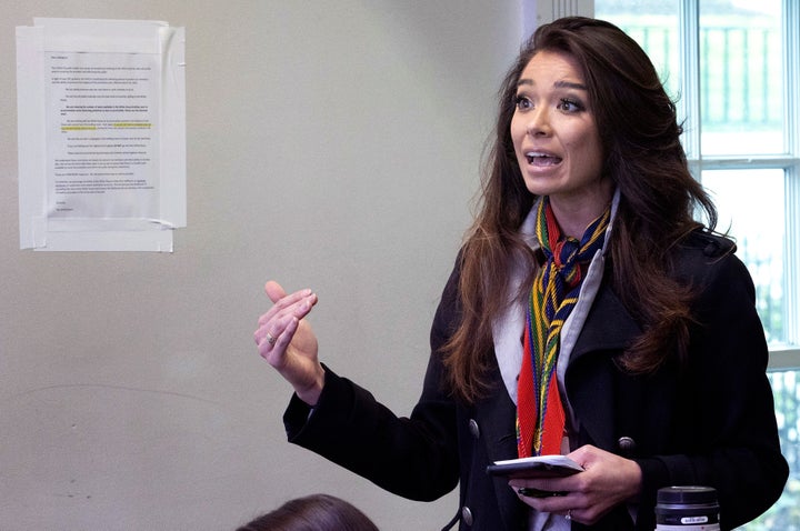 Chanel Rion of OAN asks a question during the daily White House coronavirus briefing on April 1.