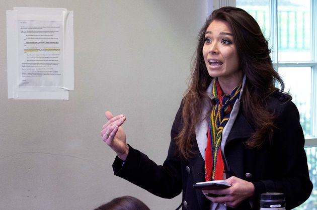 Chanel Rion, a correspondent for One America News Network, asks a question during a White House coronavirus briefing. 