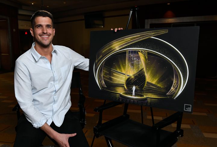 Jason Sherwood with a mockup of his set design for the 92nd Academy Awards, which aired Feb. 9.