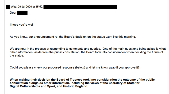 Email showing The Museum of the Home planned to say the "views of the Secretary of State for Digital Culture Media and Sport" had been taken into "consideration".