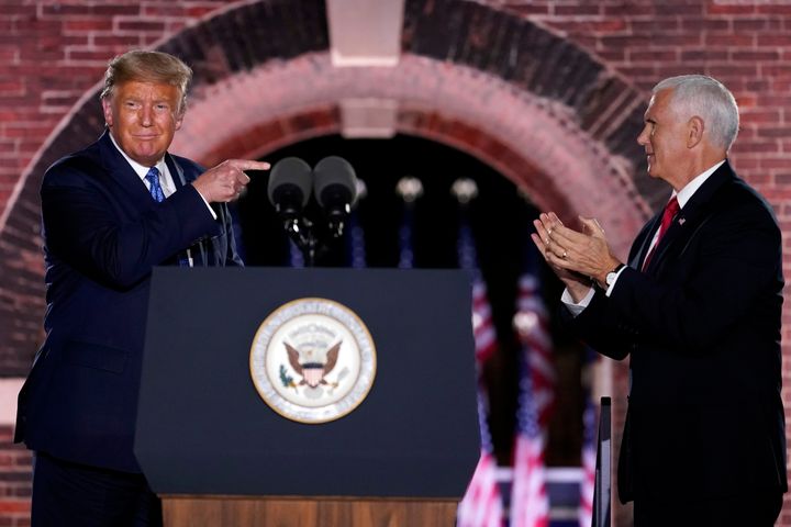 President Donald Trump joins Vice President Mike Pence on stage at the Republican National Convention in Baltimore on Wednesd
