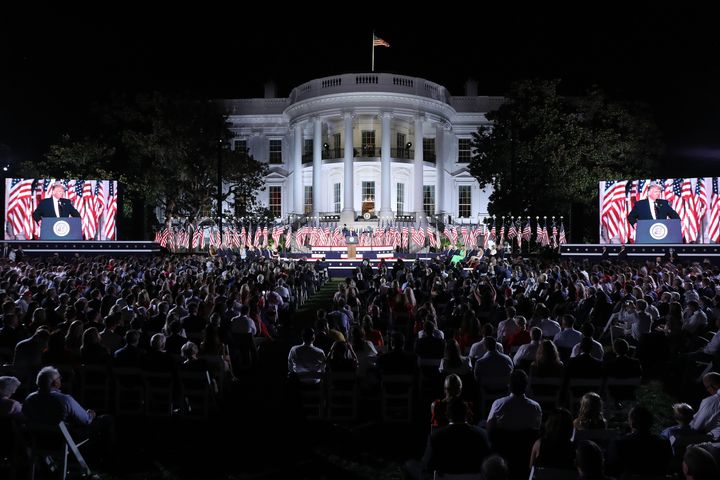 President Donald Trump delivers his acceptance speech for the Republican presidential nomination on the South Lawn of the White House in front of more than 1,000 invited guests.