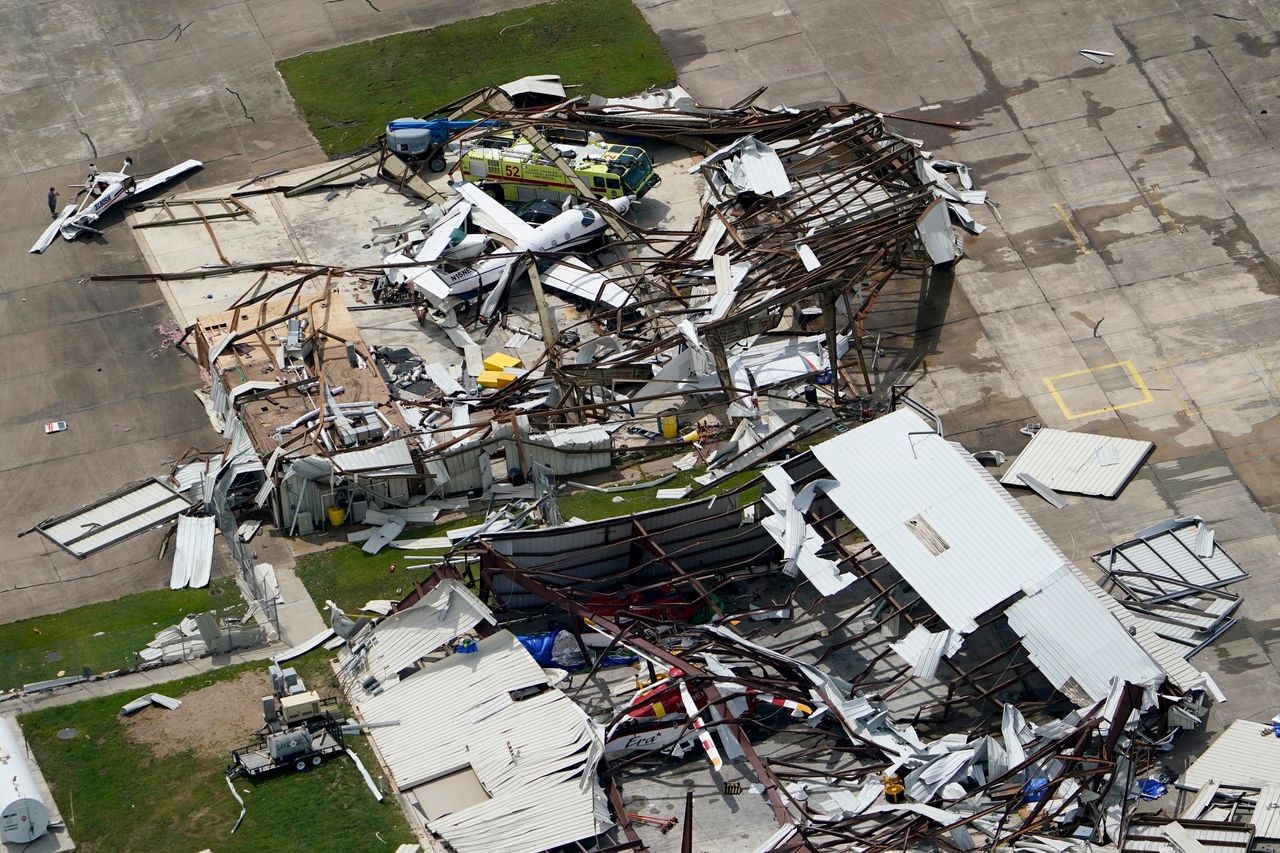 An airplane hanger was destroyed on Thursday after Hurricane Laura blew through the area near Lake Charles, La.