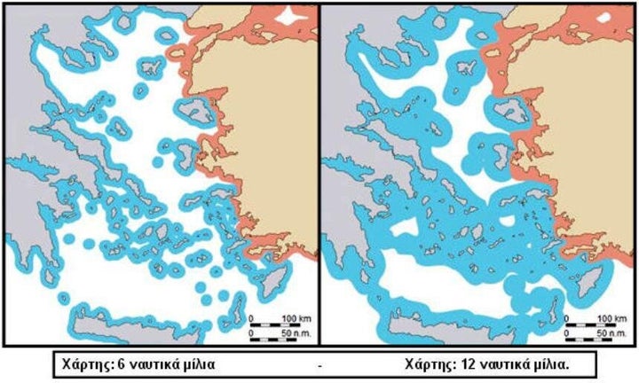 Χάρτης 1. Ελληνικά Χωρικά Ύδατα σε 6 ν.μ. (υφιστάμενη κατάσταση) και Χωρικά Ύδατα σε 12 ν.μ. (δυνητική κατάσταη, δικαίωμα που παρέχει το Διεθνές Δίκαιο). Πηγή: ‘’energeia.gr’’, https://www.energia.gr/article/167523/edo-kai-tora-epektash-ton-horikon-mas-ydaton-sta-12-naytika-milia 