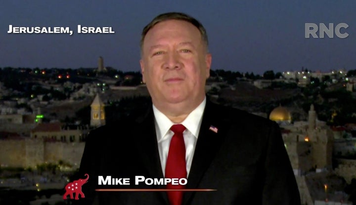 U.S. Secretary of State Mike Pompeo addresses the virtual convention in a pre-recorded video from Jerusalem on Aug. 25.