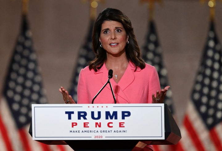 Former Ambassador to the United Nations Nikki Haley speaks during the first day of the Republican convention.&nbsp;