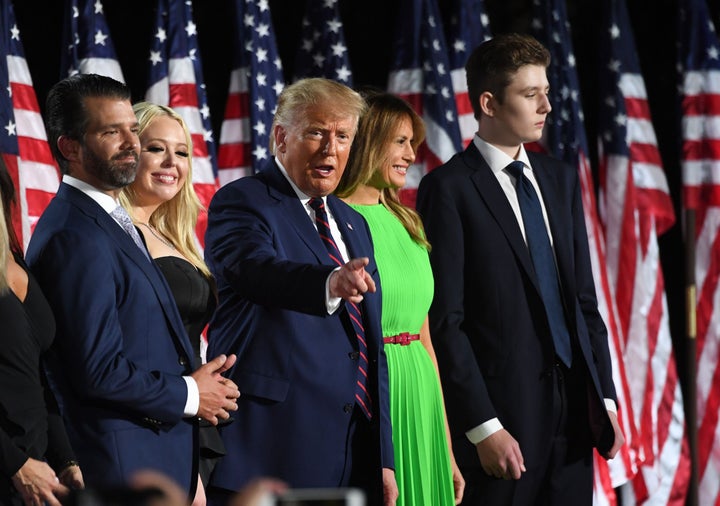 President Donald Trump with his wife and children on the final night of the Republican National Convention. During the convention, many speakers brought up that the president had been impeached.