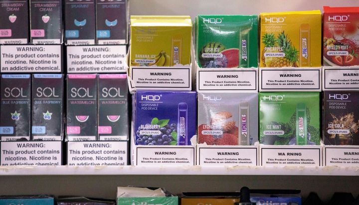 Disposable vape devices on display at a store in Brooklyn, New York, in February.