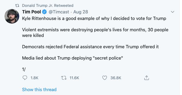 Donald Trump Jr. retweets message supporting Kyle Rittenhouse, who has been charged in the shooting deaths of two protesters in Kenosha, Wisconsin.