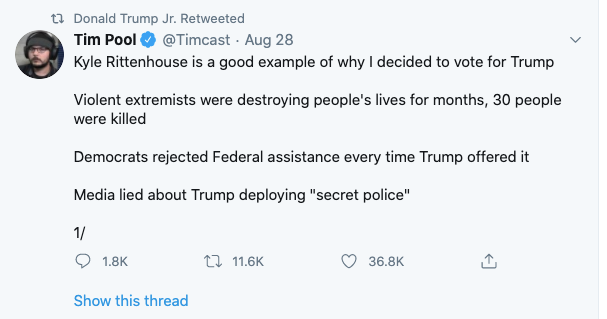 Donald Trump Jr. retweets message supporting Kyle Rittenhouse, who has been charged in the shooting deaths of two protesters in Kenosha, Wisconsin.