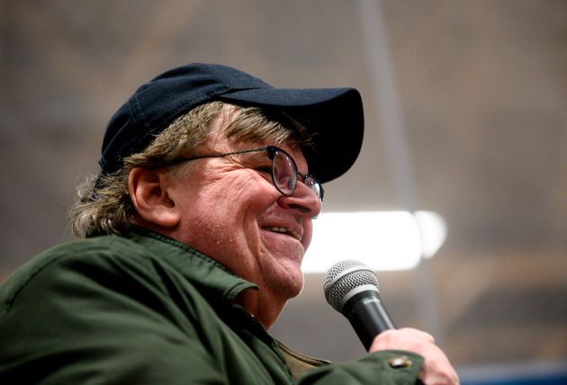Filmmaker Michael Moore speaks at a campaign stop for Democratic presidential candidate Senator Bernie...