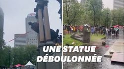 Une statue déboulonnée à Montréal en pleine manifestation