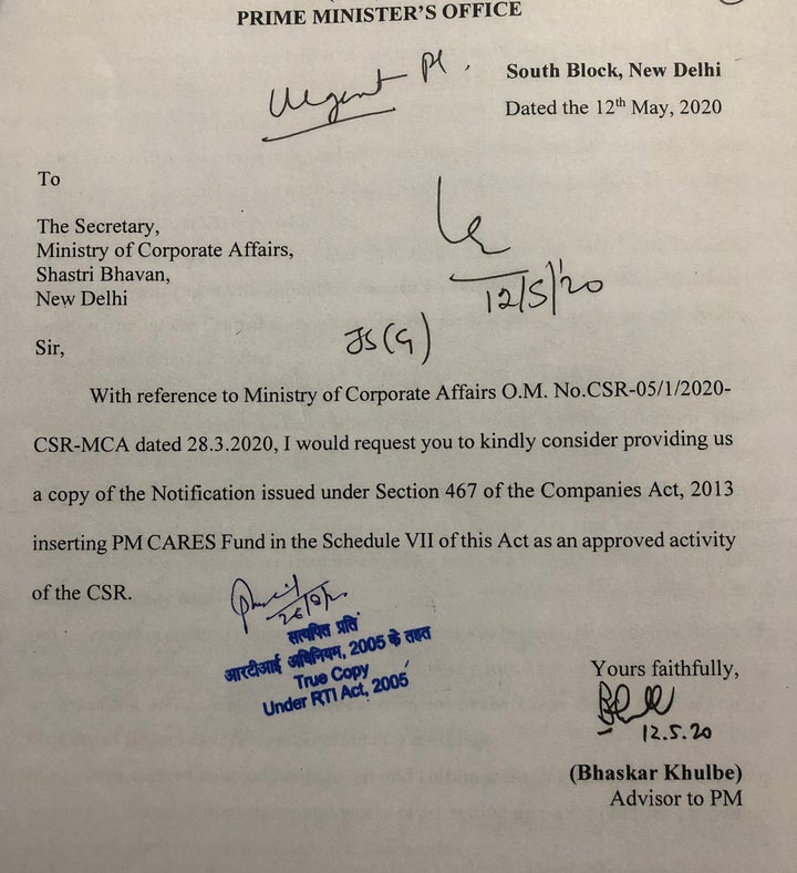 Letter written by Bhaskar Khulbe, Advisor to PM, to Corporate Affairs secretary on 12 May 2020. Accessed under the RTI Act, 2005.