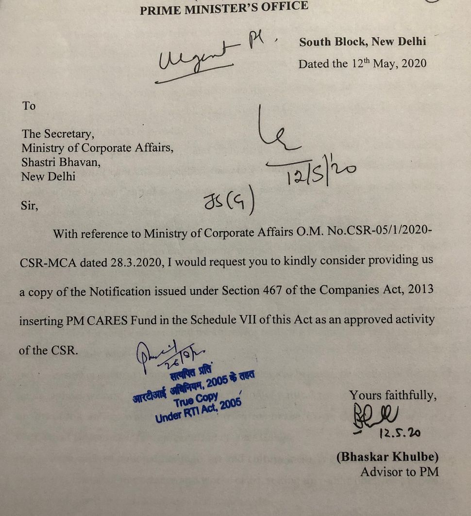 Letter written by Bhaskar Khulbe, Advisor to PM, to Corporate Affairs secretary on 12 May 2020. Accessed under the RTI Act, 2005. 