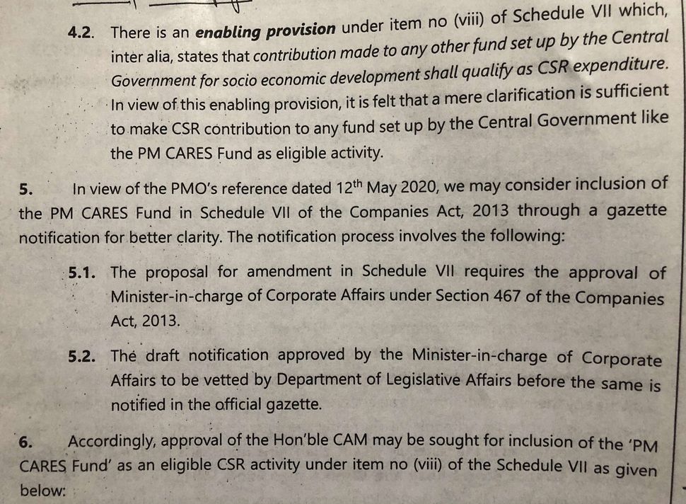 Internal notes of the Ministry of Corporate Affairs show the officials felt the existing clarification was sufficient to facilitate Corporate Social Responsibility Funds for PM CARES but decided to issue notification because it was a reference received from the Prime Minister's Office on 12 May 2020.