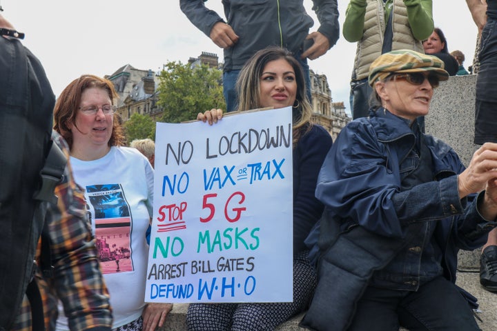 Thousands of anti-mask protesters gather at Trafalger Square against lockdown restrictions, mask wearing and vaccine proposals on Saturday.