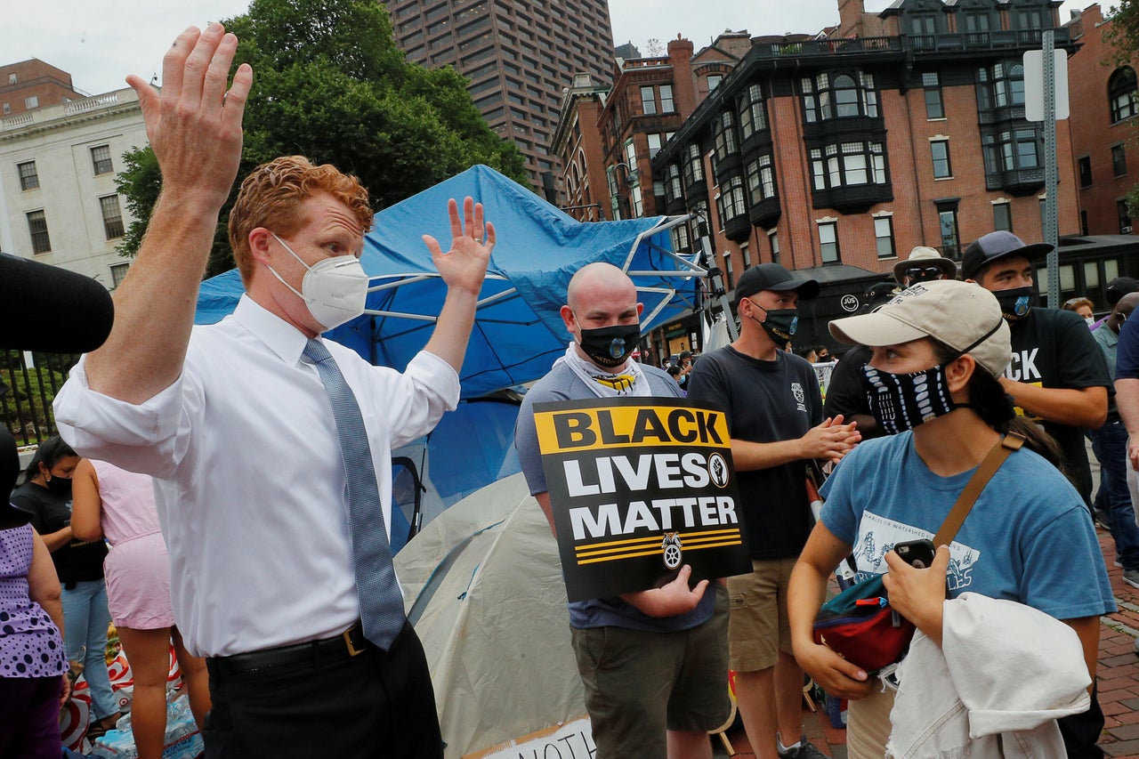 Kennedy talks to workers participating in the nationwide Strike for Black Lives on July 20.