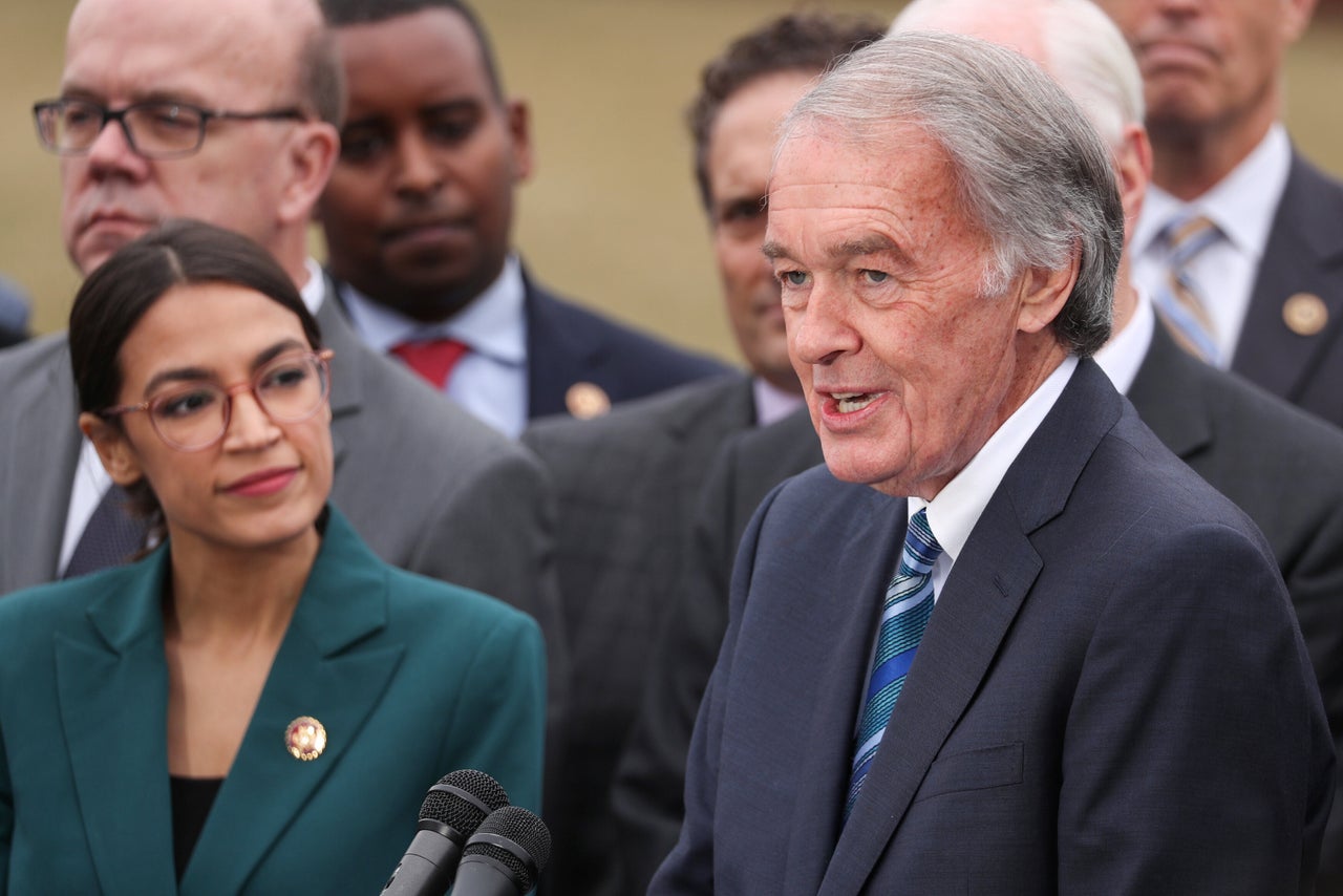 Rep. Alexandria Ocasio-Cortez (D-N.Y.) and Markey hold a news conference for their proposed Green New Deal in February 2019. Markey's reelection campaign has run an ad touting Ocasio-Cortez's endorsement of him throughout the state.