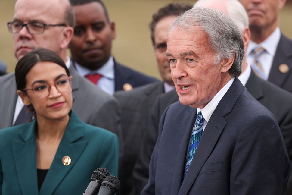 Rep. Alexandria Ocasio-Cortez (D-N.Y.) and Markey hold a news conference for their proposed Green New Deal in February 2019. 