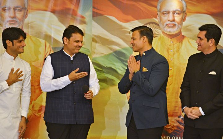 Maharashtra Chief Minister Devendra Fadnavis, actor Vivek Oberoi, producer Sandip Ssingh and director Omung Kumar during the poster launch of the biopic on Prime Minister Narendra Modi at Garware Club House, Wankhede Stadium on January 7, 2019 in Mumbai.
