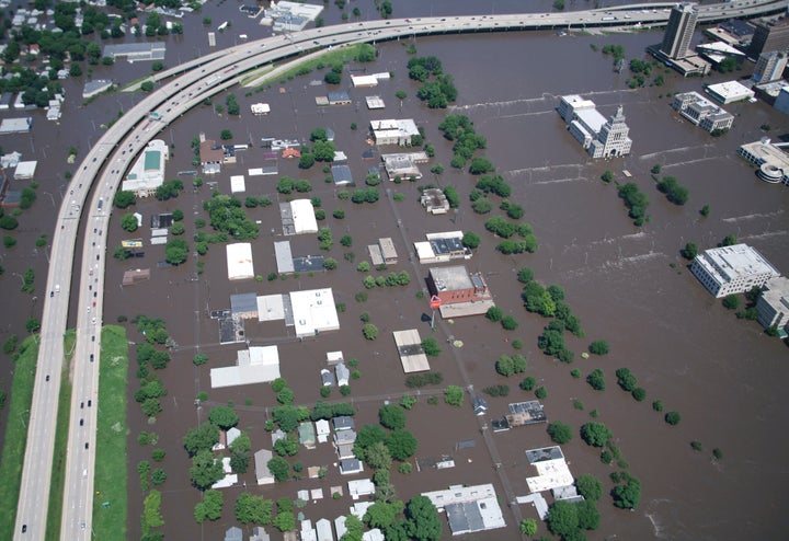 Downtown Cedar Rapids on June 13, 2008. Floodwaters inundated about 100 city blocks of Iowa's second-largest city, which now has a population of over 130,000.