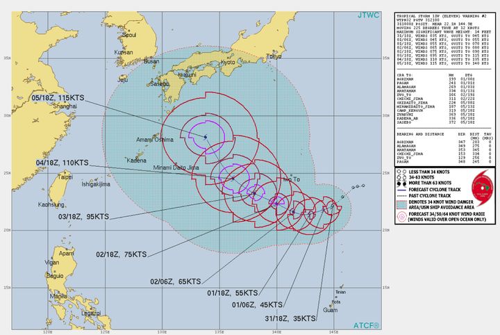 熱帯低気圧の進路を予測する「米軍合同台風警報センター( JTWC）」の予測図