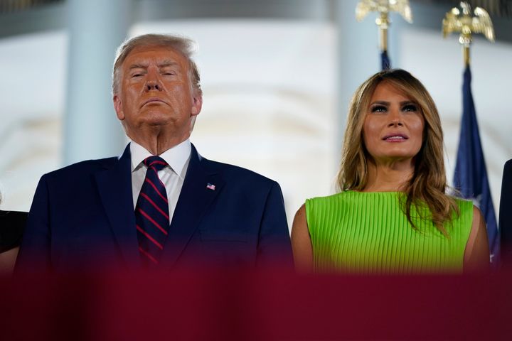 President Donald Trump and first lady Melania Trump stand on stage on the South Lawn of the White House on the fourth day of the Republican National Convention last week.