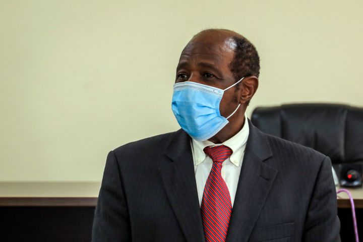 Paul Rusesabagina appears in front of media at the headquarters of the Rwanda Bureau of investigations building in Kigali, Rwanda, on Aug. 31, 2020. 