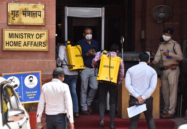 The gate for entering the premises of the Home Ministry at North Block in a file