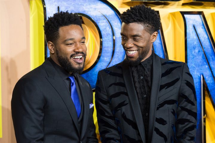 Director Ryan Coogler and actor Chadwick Boseman arrive for the European film premiere of "Black Panther" in London on Feb. 8, 2018.