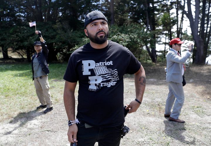 Joey Gibson (center) started Patriot Prayer after Trump’s election in 2016 because of “the rise of violent, thuggish gangs" in Portland that "support a Godless socialist or communist regime," according to court documents.
