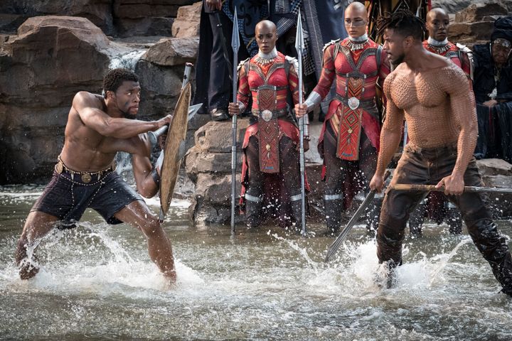 Boseman and Michael B. Jordan at Warrior Falls in "Black Panther."
