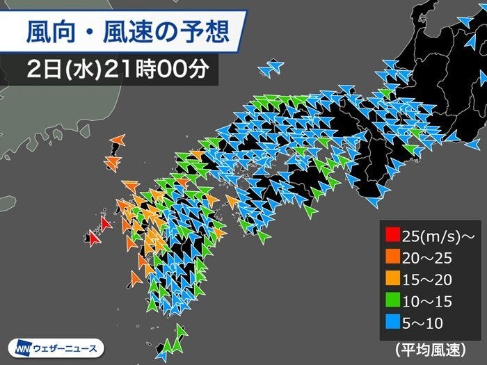 風向風速の予想 2日(水)21時