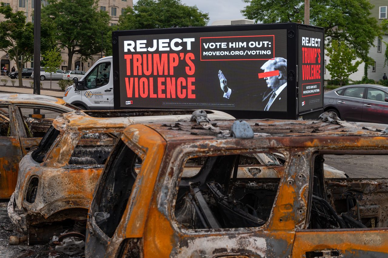 In response to Trump's visit to Kenosha, grassroots group drove a mobile billboard calling on voters to "Reject Trump's Violence".